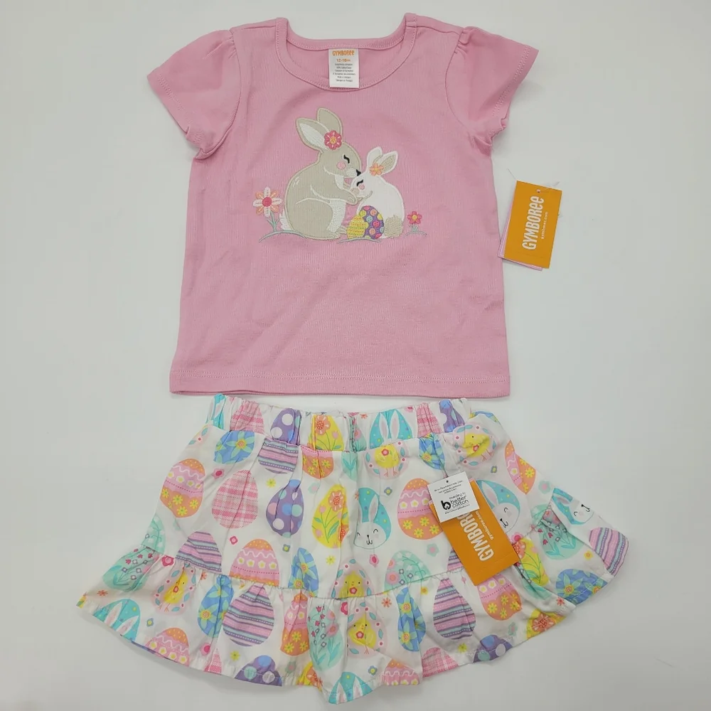 Gymboree Outfit Pink Bunny Tee Colorful Egg Skirt Embroidered Size 12-18mo NEW